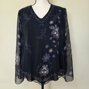 Worthington 1X Silk Sheer Beads Sequins Floral Asymmetrc Romantic Goth Top